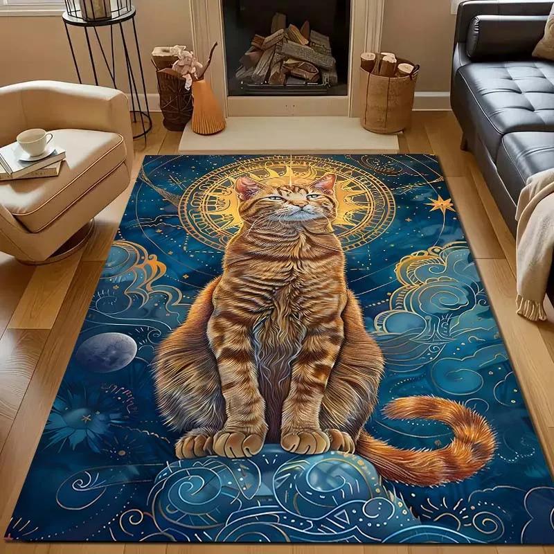 Ägyptische Mythologie Schwarze Katze Teppich für Wohnzimmer Heimdeko Rutschfeste Bodenmatte für Schlafzimmer Große Flächenteppiche Waschbare Teppiche