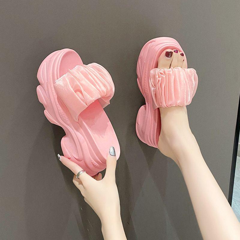 CINESSD Summer Platform Slippers Women Blue Pleated Riband Discolor Ladies Chunky Sole Beach Cool Wedges Slides Shoes Woman