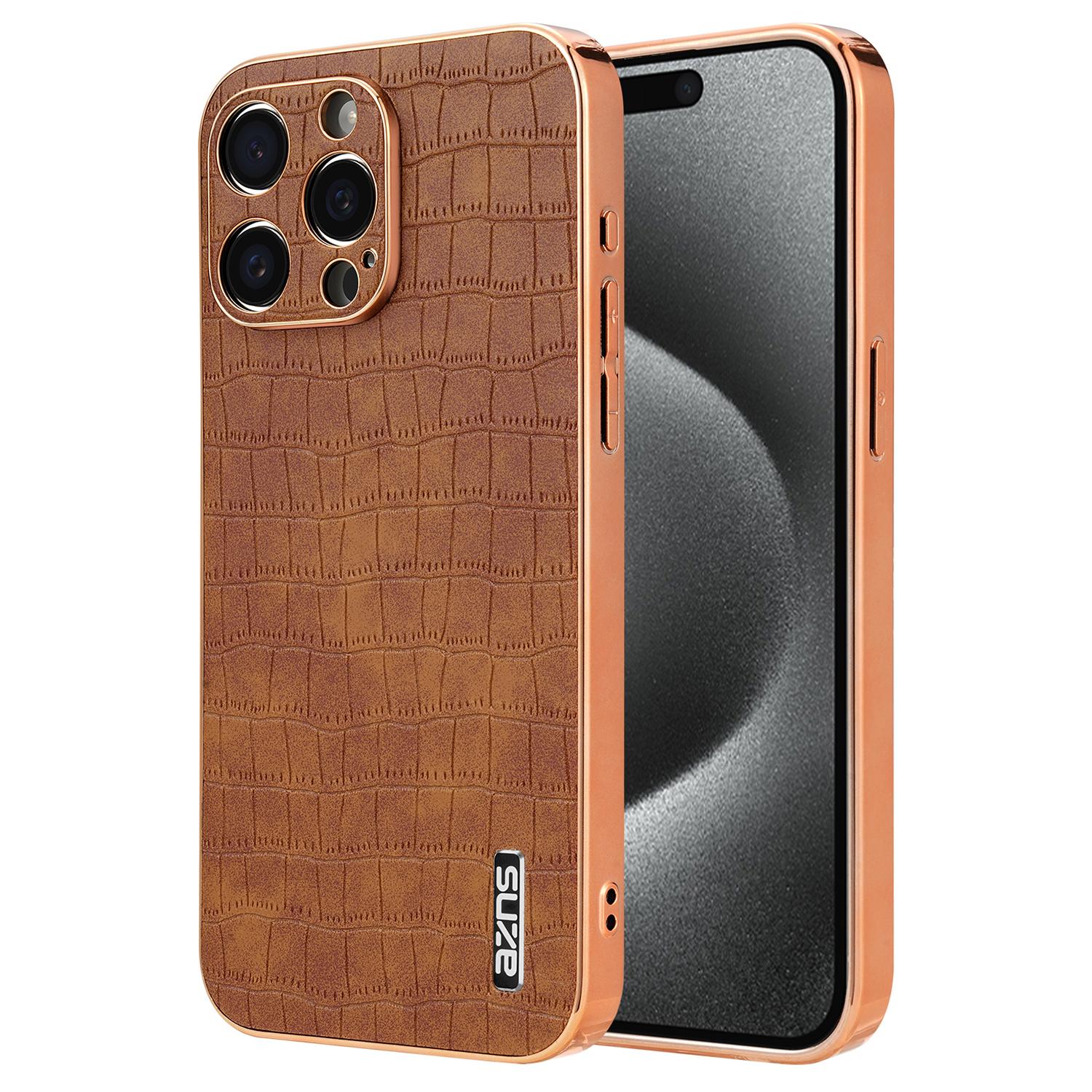 

For iPhone 15 Pro Case Crocodile Texture Leather+TPU Phone Cover Electroplating Edge Brown
