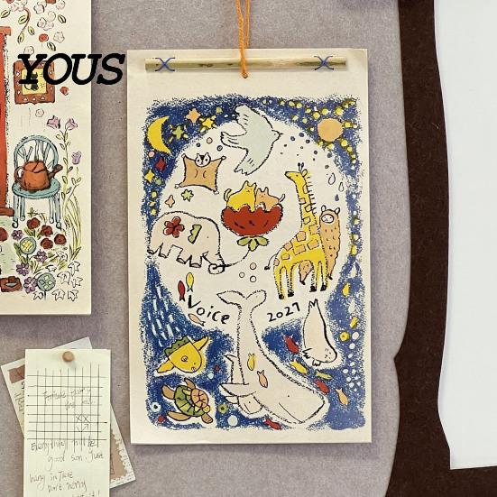 Dekoratives Wandpapier 2027 Tier-Doodle-Kalender, Niedliche handgezeichnete Illustration Hängender Planer mit zweimonatigem Zeitplan-Organisator Baumwollschnur,