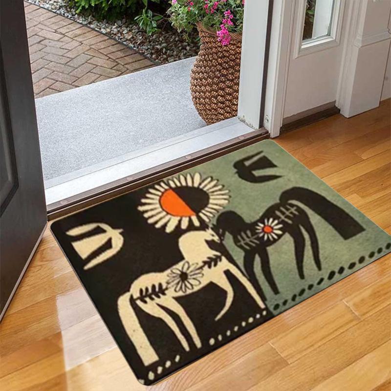 

Abstract Animal Rug – Black/Beige Zebra & Antelope Silhouettes, Sun Motif, Non-Slip Backing, Indoor/Outdoor, Hand Washable 40cm x 60cm