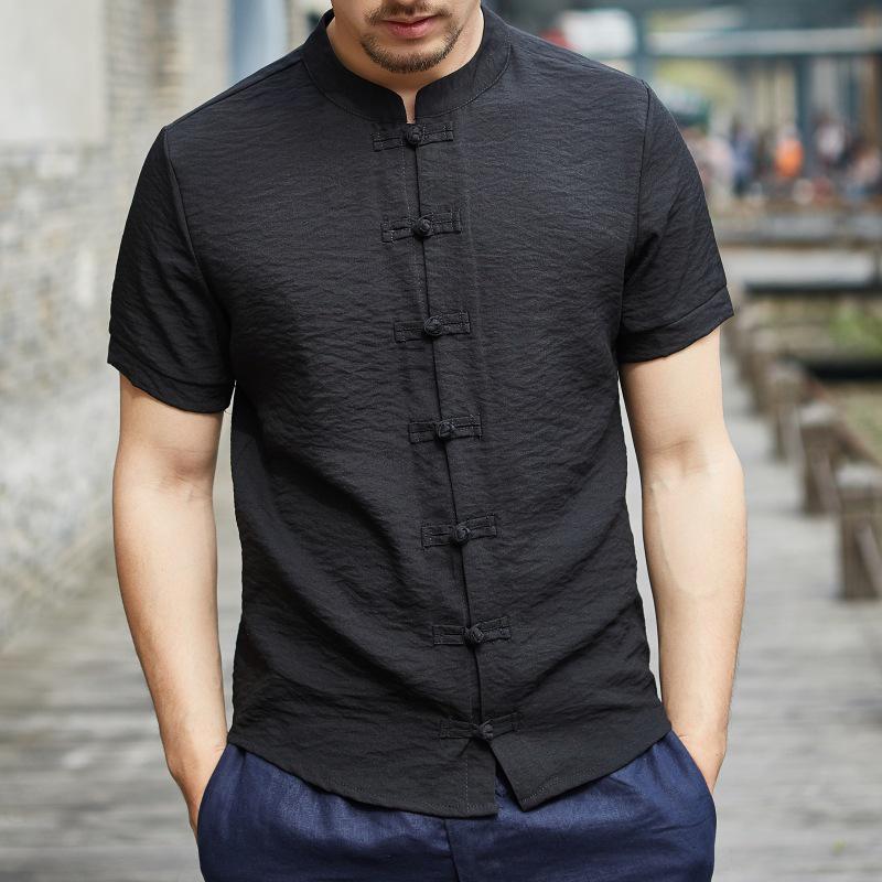 Camicia da Uomo Estate 2026 Stile Cinese Bottone Rana Collo Rialzato Manica Corta Taglia Comoda