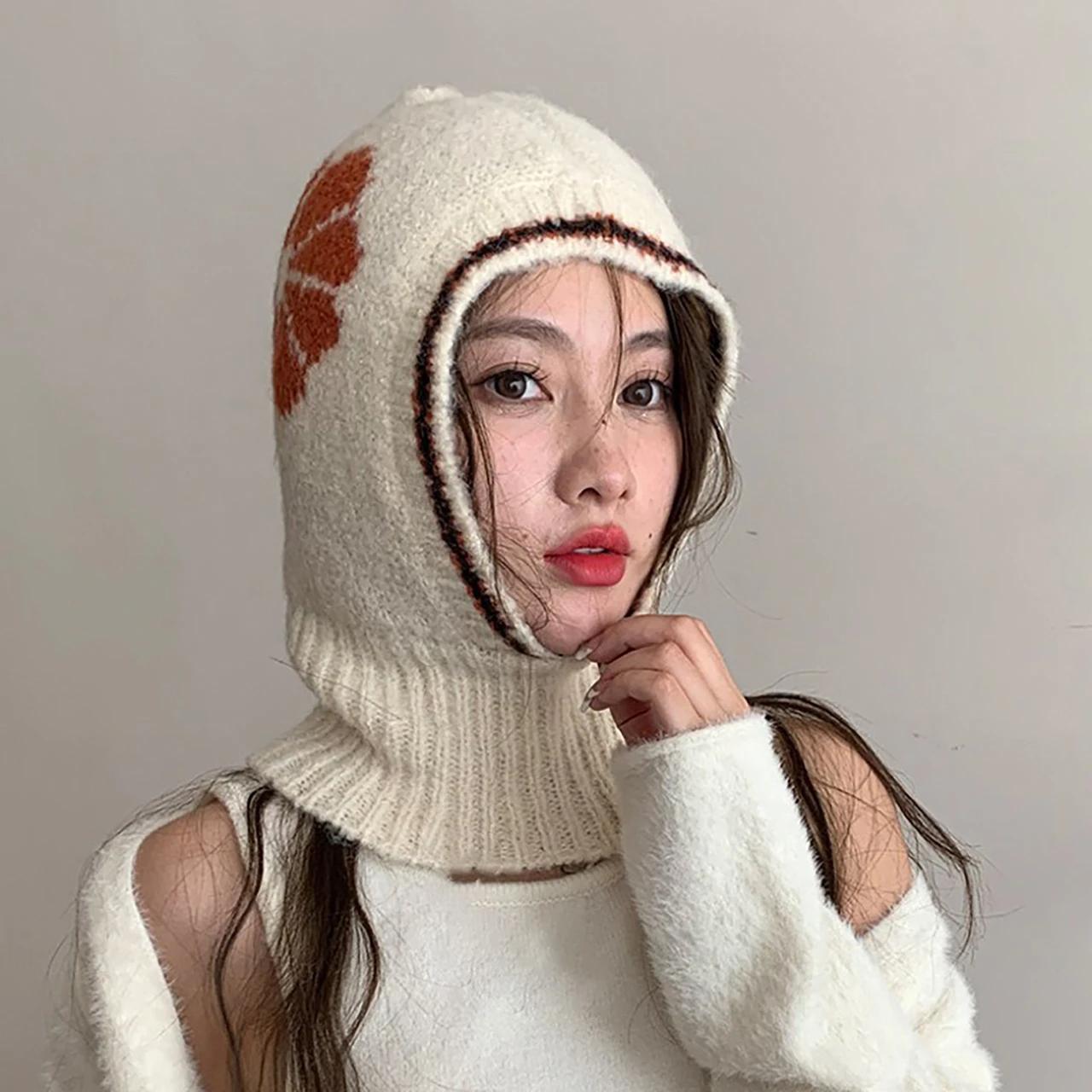 

Vintage Floral Wool Knitting Balaclava Hat For Women Winter Warm Neck Collar Hooded Caps Windproof Cycling Ski Pullover Beanie Elastic
