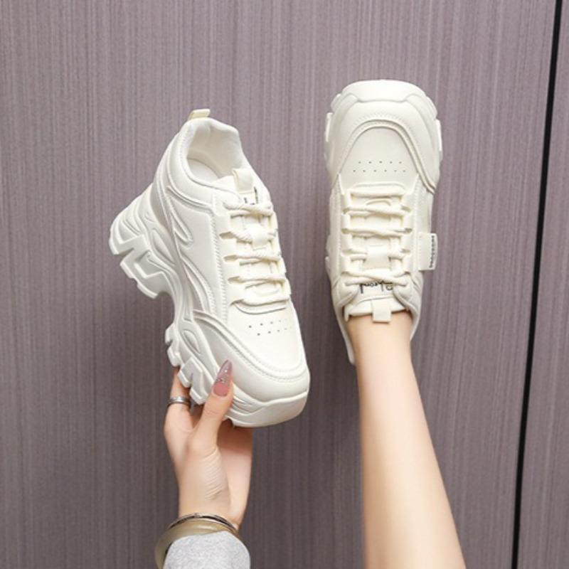 New Women's White Chunky Sneakers Spring Casual Platform Shoes Fashion Lace-up Leather Vulcanized Shoes