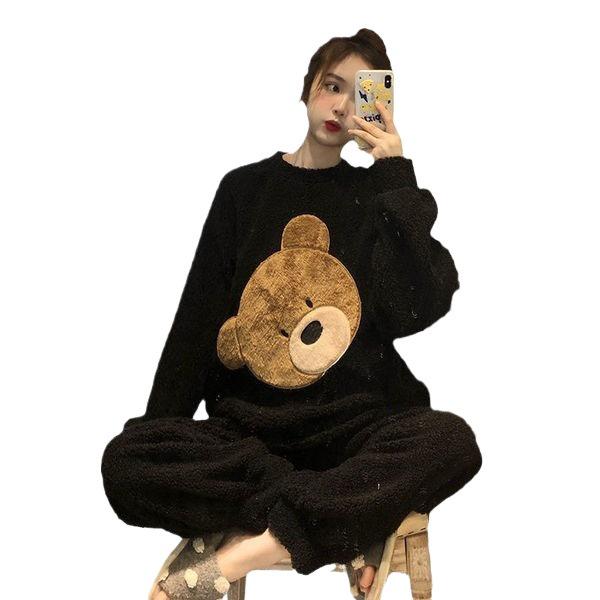 Korean Women's Winter Velvet Pajama Set - Cute Bear Coral Fleece Loungewear