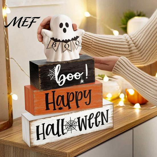 Orange And Black Party Props Halloween Ghost Decoration, Wooden Sign Tiered Tray Ornament, Farmhouse Decorative Seasonal Gifts Tabletop Centerpiece