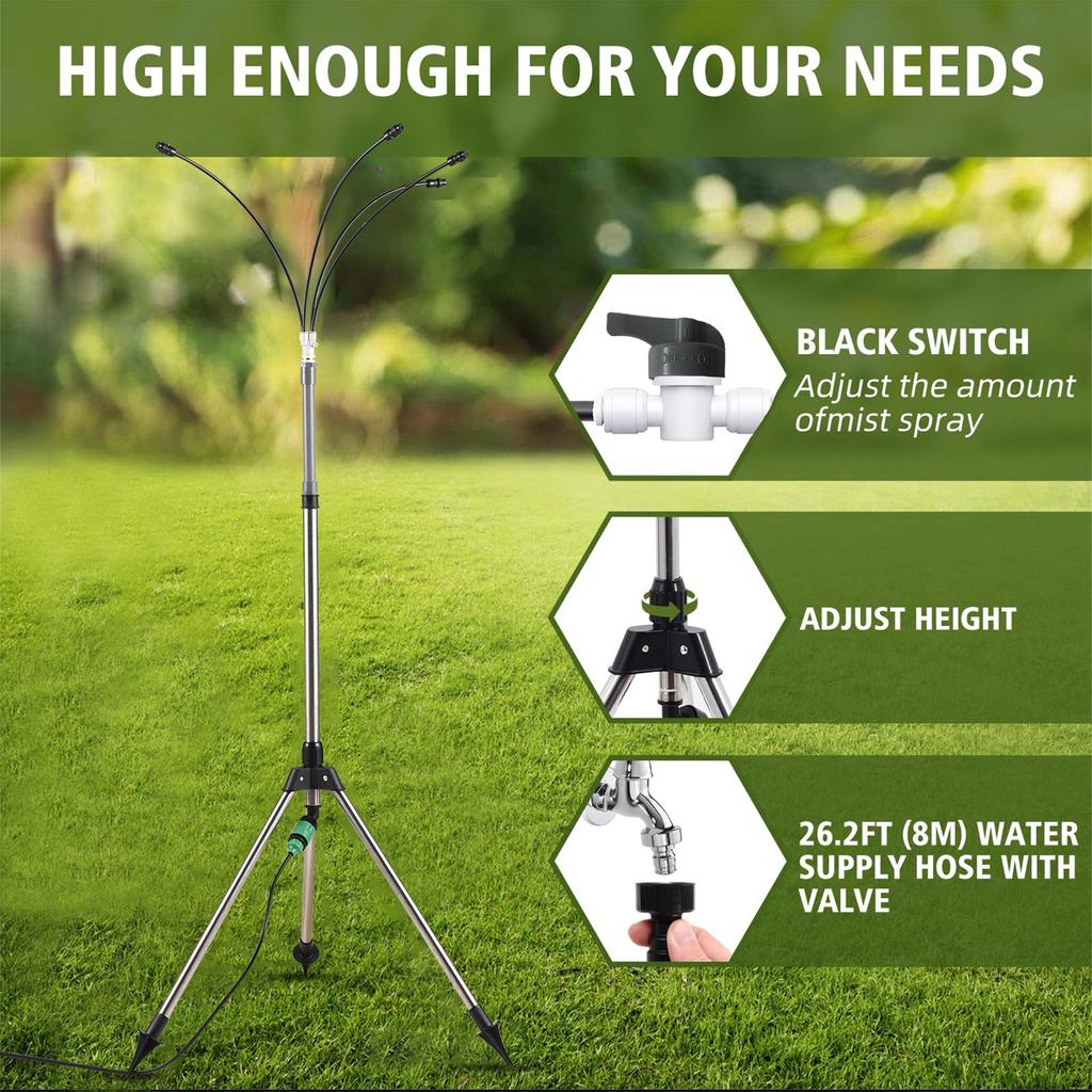 Outdoor Water Misting Cooling System 4 Heads 26Ft/8M Line 360 Degree Tube 3/4 Hose Plug Misters