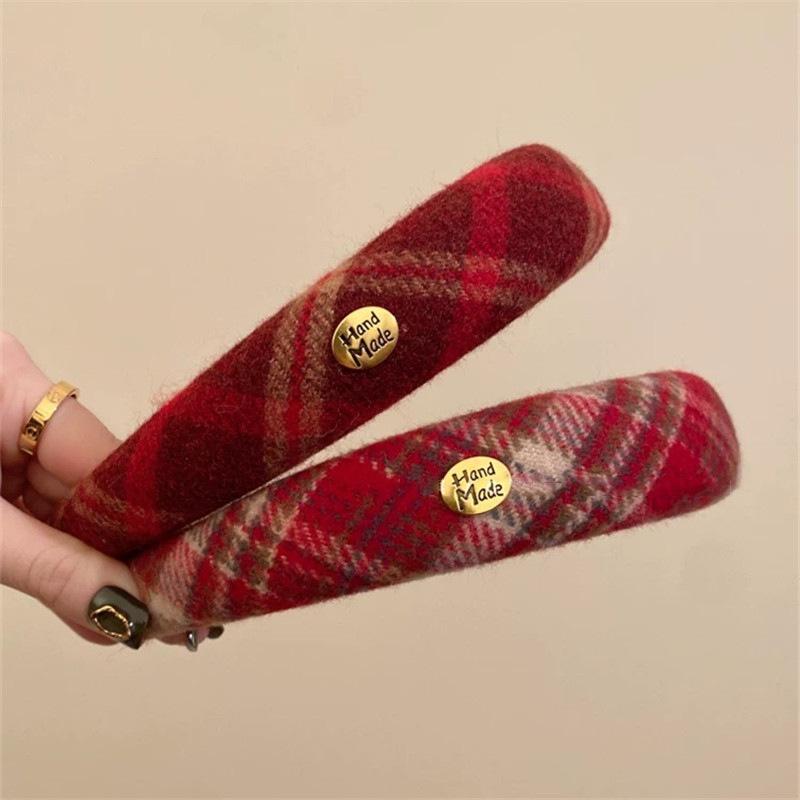 Atmospheric Red Autumn and Winter Plush High Skull Plaid Headband Women's High-end Headband Headwear