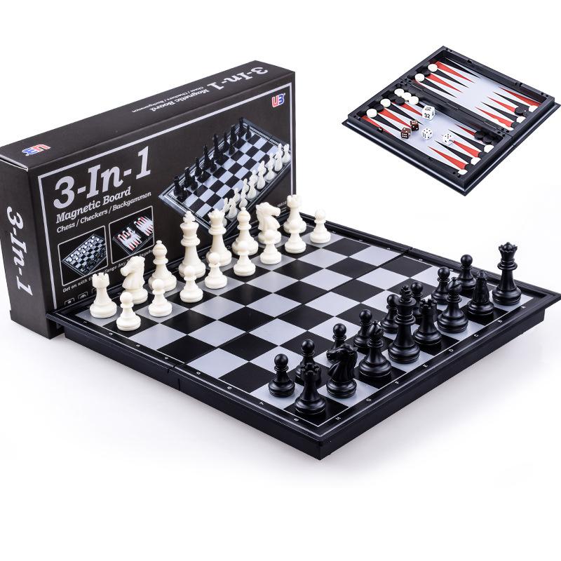 Foldable Magnetic Chess Checkers Backgammon Game Board 3-in-1 Ideal Tabletop For Family Gathering