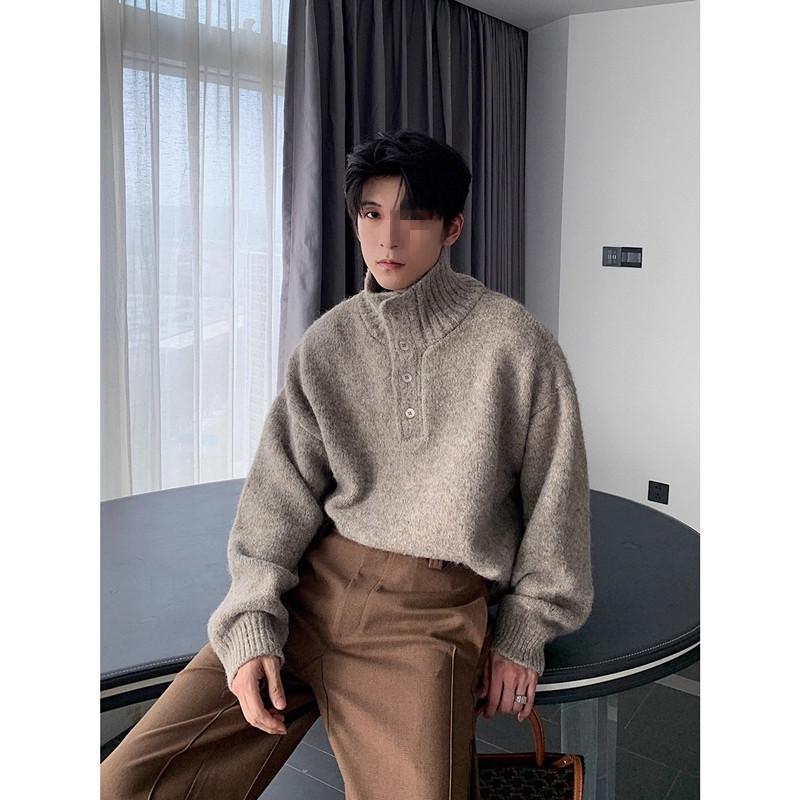 2025 Men's High Neck Korean Style Knitted Sweater - Autumn/Winter Trendy Loose Fit Wool Top