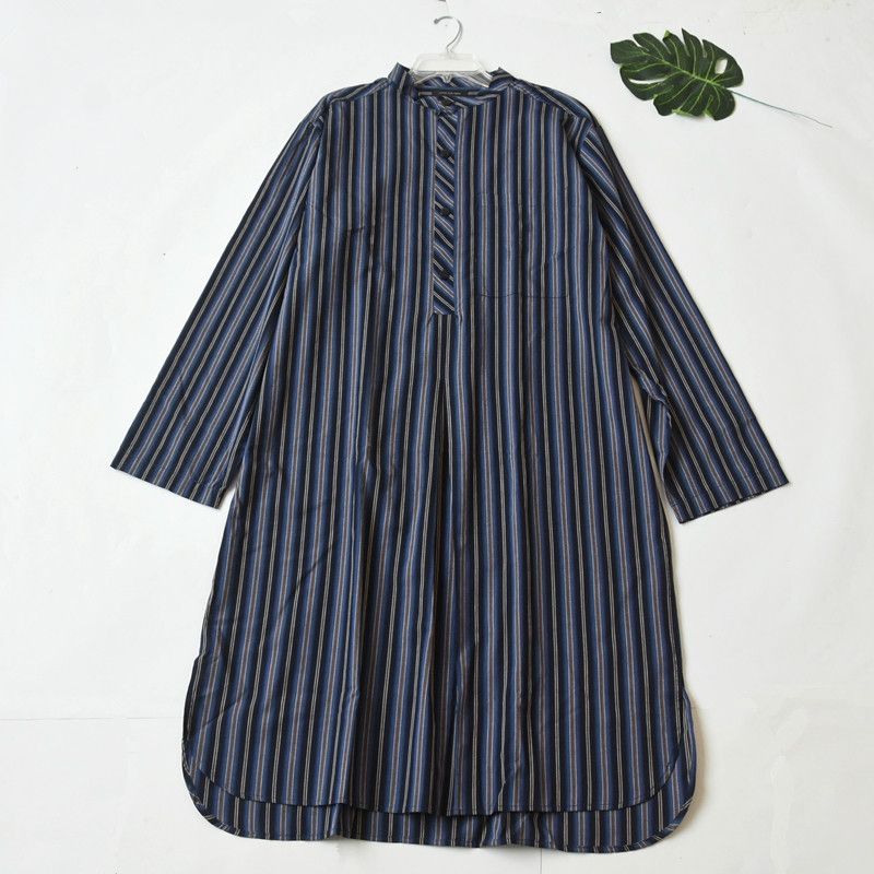 

Men s and Women s Spring and Autumn Pure Cotton Long Sleeves Pajamas One-Piece Nightdress round Neck Half Cardigan Loose Leisure Pajamas Nightgown Blue Stripe 52