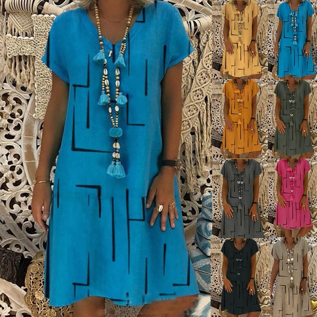 Folded Line Printing Loose Pullover Princess Dress V-neck Ladies Dress