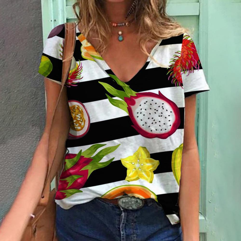 Tropical Plant Fruit 3D Printing T-shirt Summer Women's V-neck T-shirt Street Women's Clothing