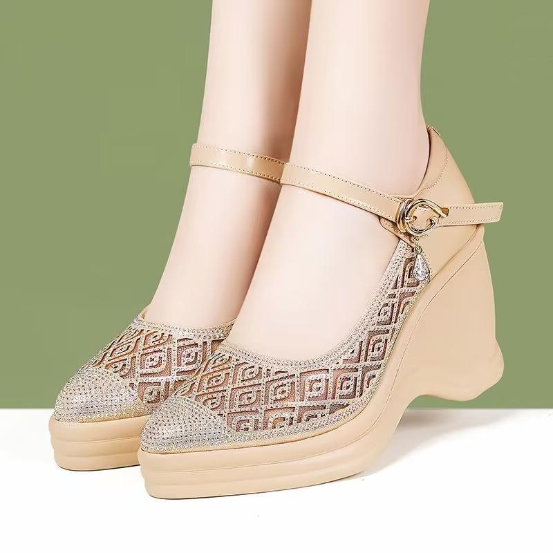 

Fashion Slope Heel Shoes for Women Fashion Round Head Shallow Mouth Rhine-drill Mesh with A Line with Waterproof Platform Single Shoes 40