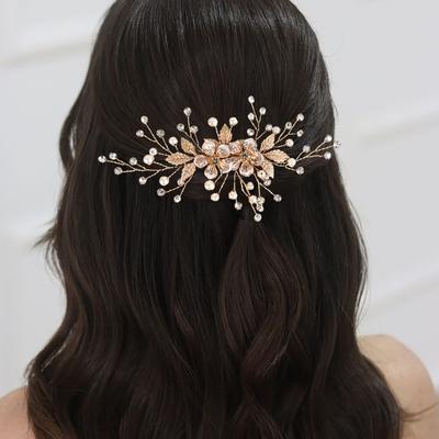 Cross-Border New Bridal Handmade Rhinestone Pearl Hair Comb Headdress Flower Leaf Shape Wedding Accessories