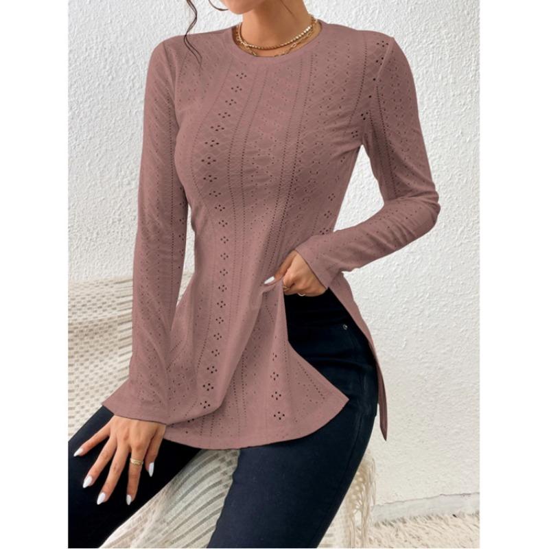 Blusa Lunga da Donna Jacquard Pizzo Spacco Casual Primavera Manica Lunga Slim Fit Camicie Monocolore Girocollo Elegante Moda Casual Ufficio Top Semplici Lavorazione a Rete