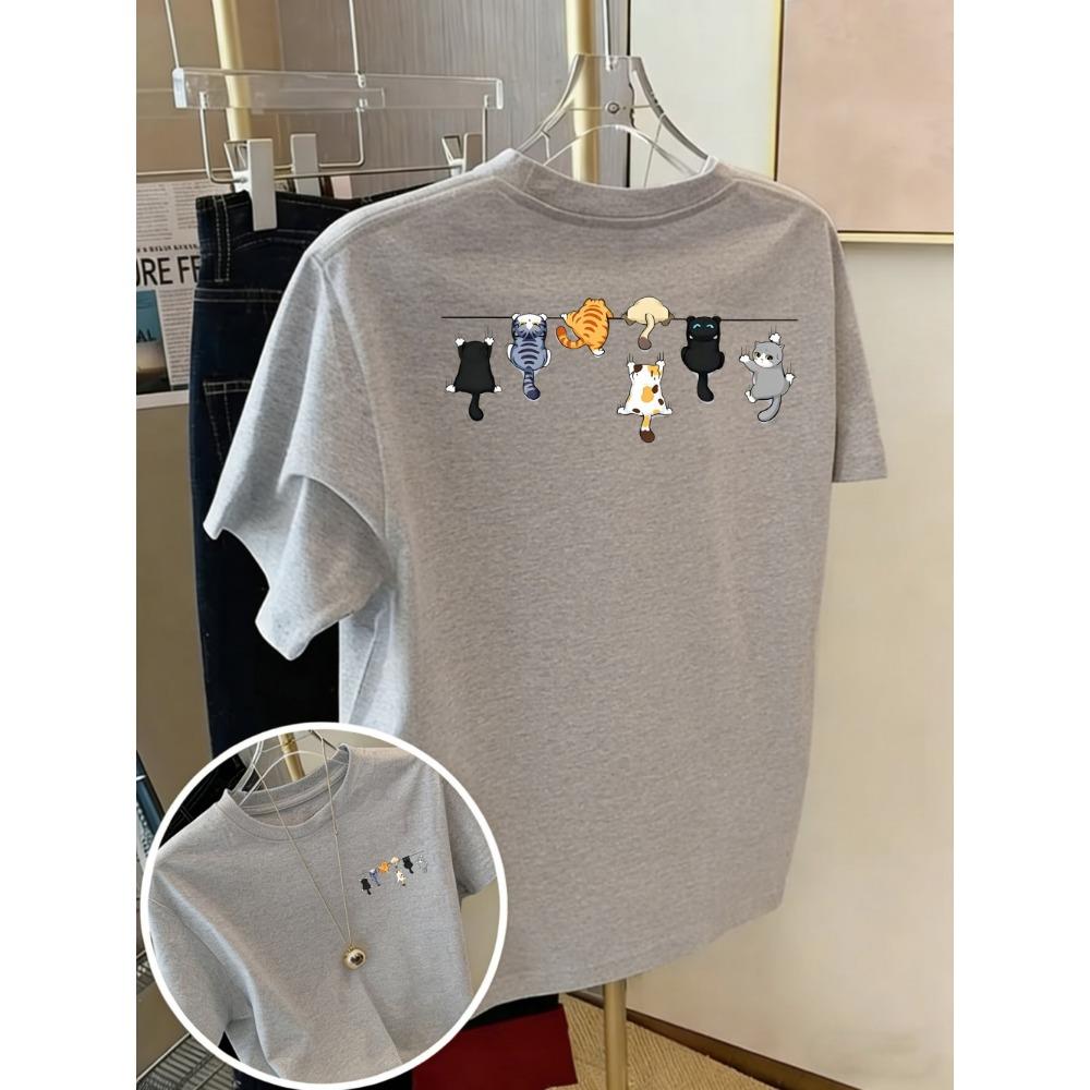 Cartoons Cats Prints T-Shirts Summer Womens Cotton T Shirts Basic O-Neck Oversized Short Sleeve Tops Casual Street Woman Clothes
