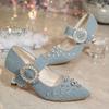 Vintage Denim Pointed Toe High Heels Pumps Women 2025 Silver Glitter Buckle Sandals Women Rivet Decoration Dress Party Shoes