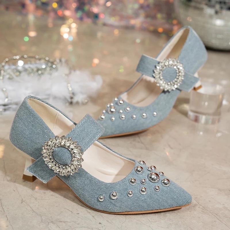 Vintage Denim Pointed Toe High Heels Pumps Women 2025 Silver Glitter Buckle Sandals Women Rivet Decoration Dress Party Shoes