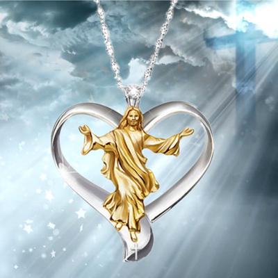 14KRGP Cross Jesus White & Gold Heart Pendant Women Jewelry Pendant Necklace Silver Chain