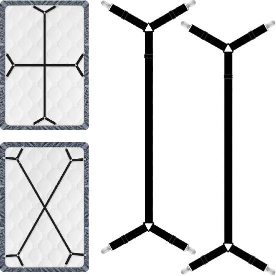 Bed Sheet Straps, 2Pcs Elastic Adjustable Bed Sheet Holder Straps, Fitted Sheet Straps to Hold Sheets in Place with Metal Clips, Sheet Holders for 2 чёрный