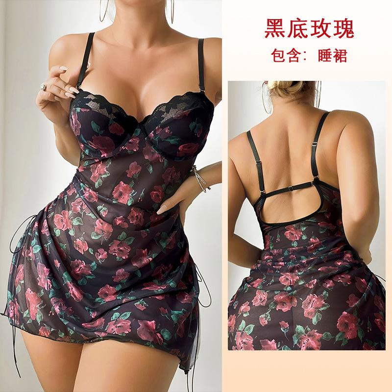 European and American memory soft underwire printed mesh nightdress lace drawstring multicolor sexy slip dress 8059 S