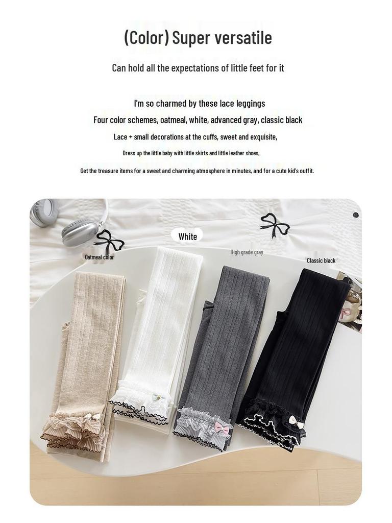 Girls' Brushed Cotton Leggings with Bow & Lace Trim - Autumn/Winter Fleece, Nine-Point Length