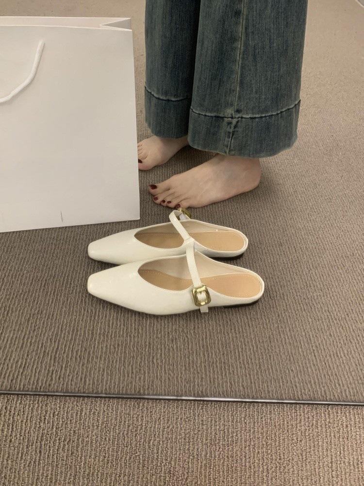Retro one-word buckle with bag head and half slippers for women wearing lazy people with one foot pedal flat-soled Muller shoes