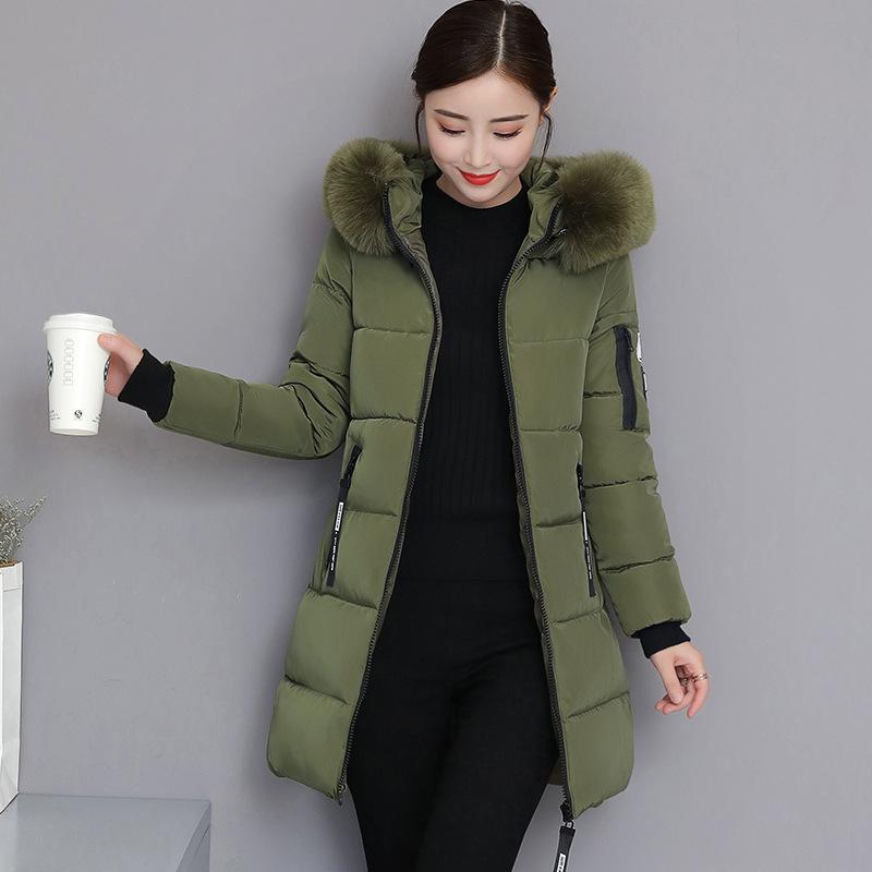 Women's Medium to Long Slim Fit Cotton Coat with Large Fur Collar