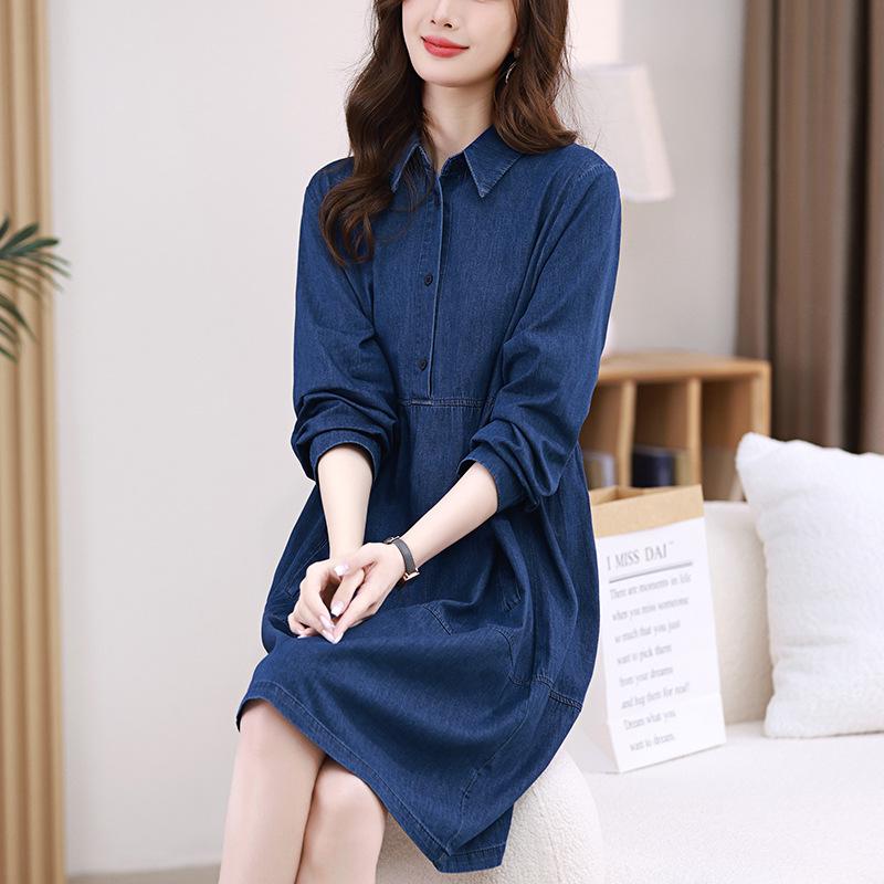 Women's Pure Cotton Denim Shirt Dress - Elegant Spring/Autumn 2024 Collection for Middle-Aged Mothers