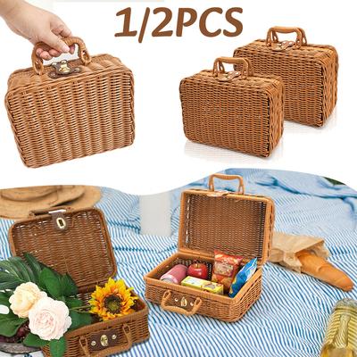 Retro Handwoven Storage Box Travel Picnic Suitcase Imitation Rattan Woven Storage Home Sundries Organizer Basket Decorative Prop