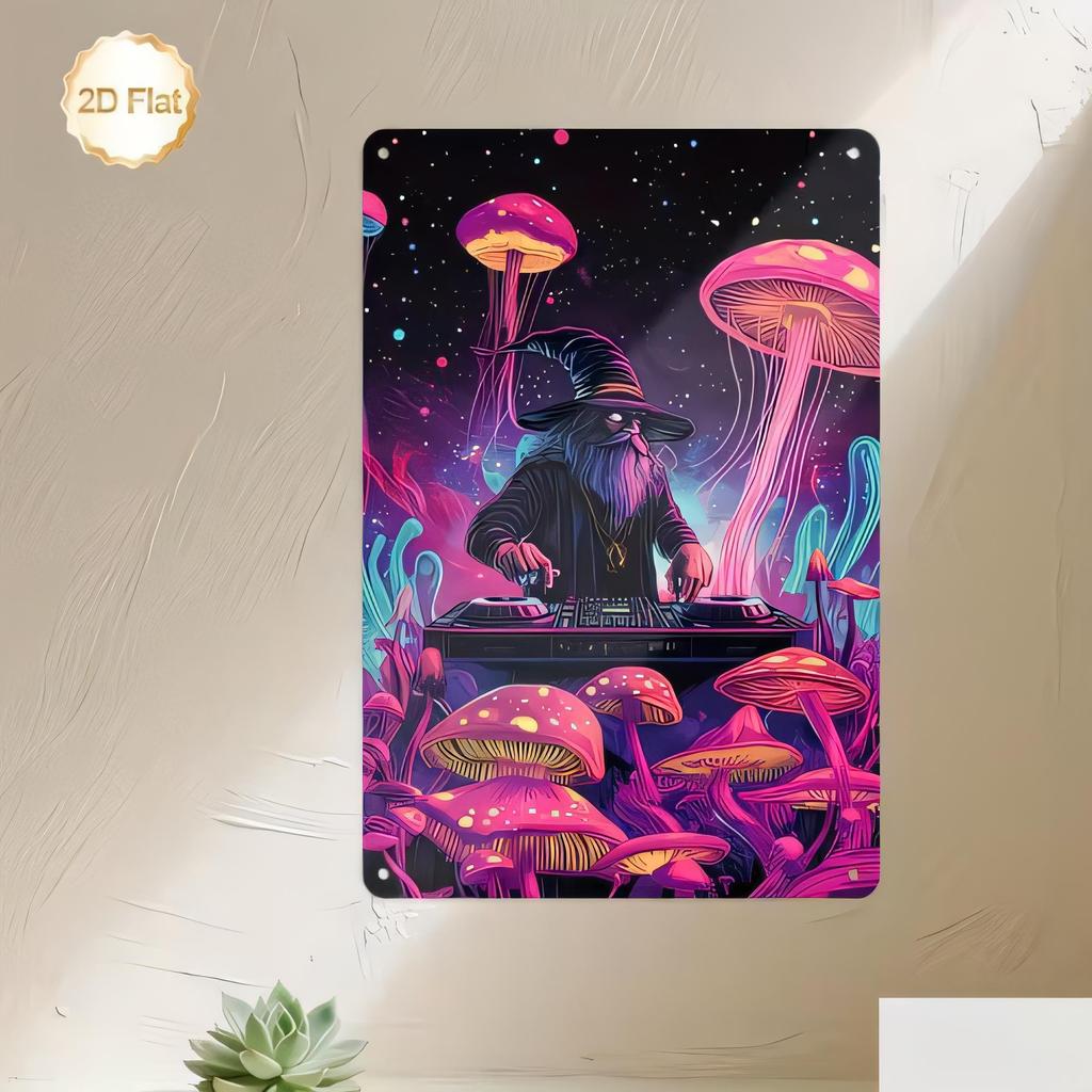 Tin Sign for Wall Decor Neon Space Mushroom Cat Illustration Metal Poster Retro Vaporwave Night Background Vintage Plaque fo