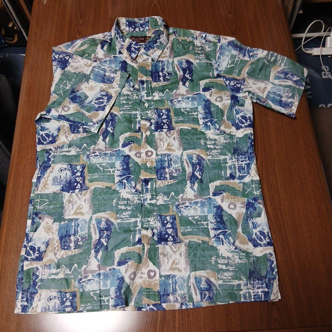 Used Coral Reef Aloha Shirt L Reverse Print All Over Pattern Green Old Clothes Good Condition