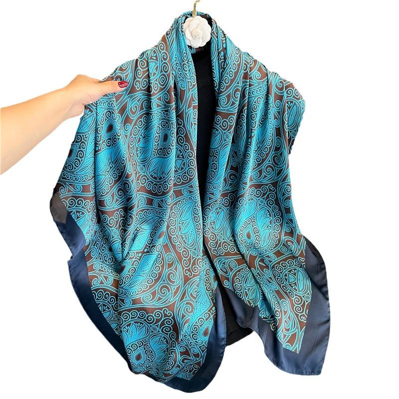 Blue Pattern 111cm Imitation Silk Travel Silk Scarf Dual-purpose Fashion Scarf Scarf Sunscreen Versatile Temperament Shawl