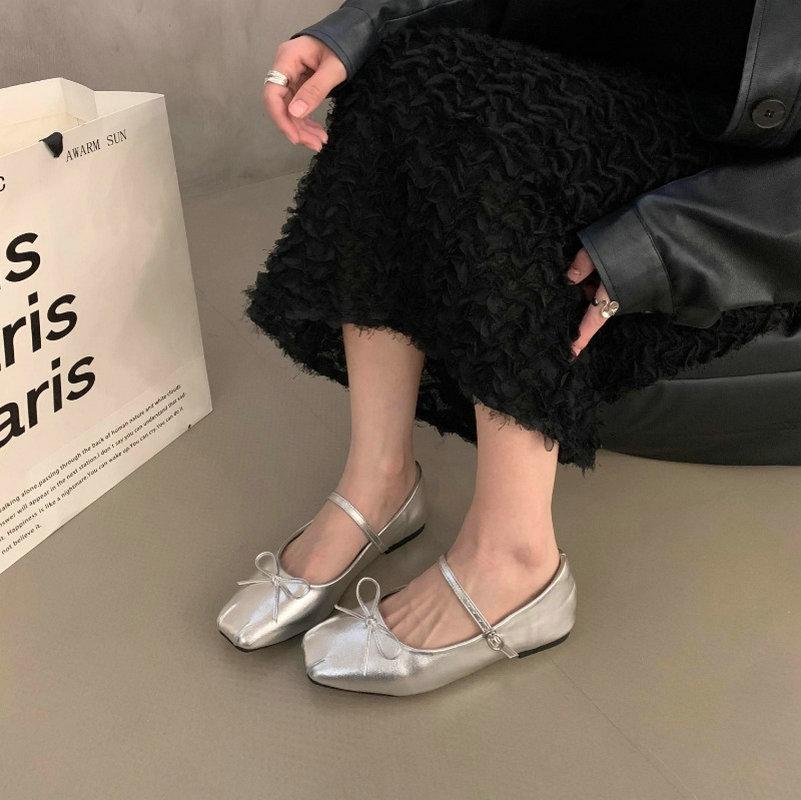 Fashion Flat Shoes for Women Spring Autumn 2024 Mary Jane Shoes New Square Toe Black Bow Loafers Women  Ladies Shoes Large Size 43 44