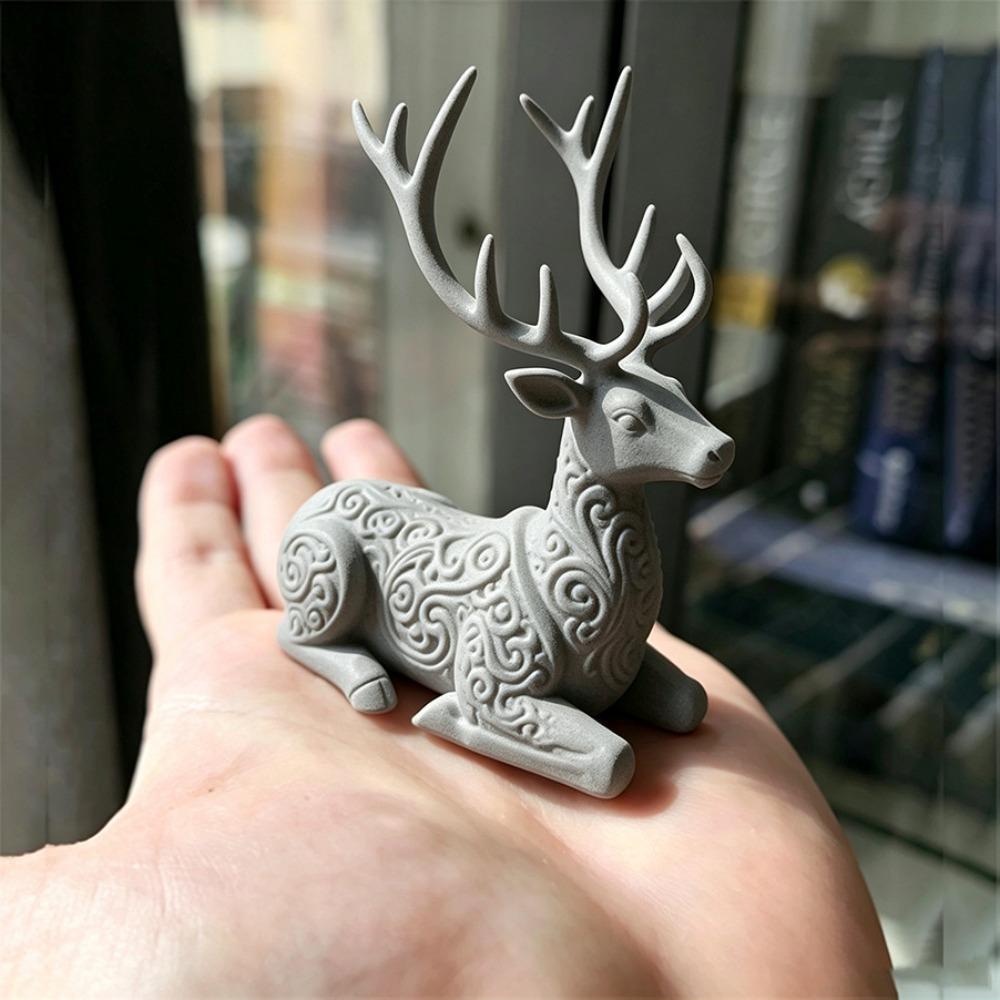 3D Printed Xmas Reindeer Sculpture Lying-Posture Elk Deer Statue Animal Figurine Office Desk