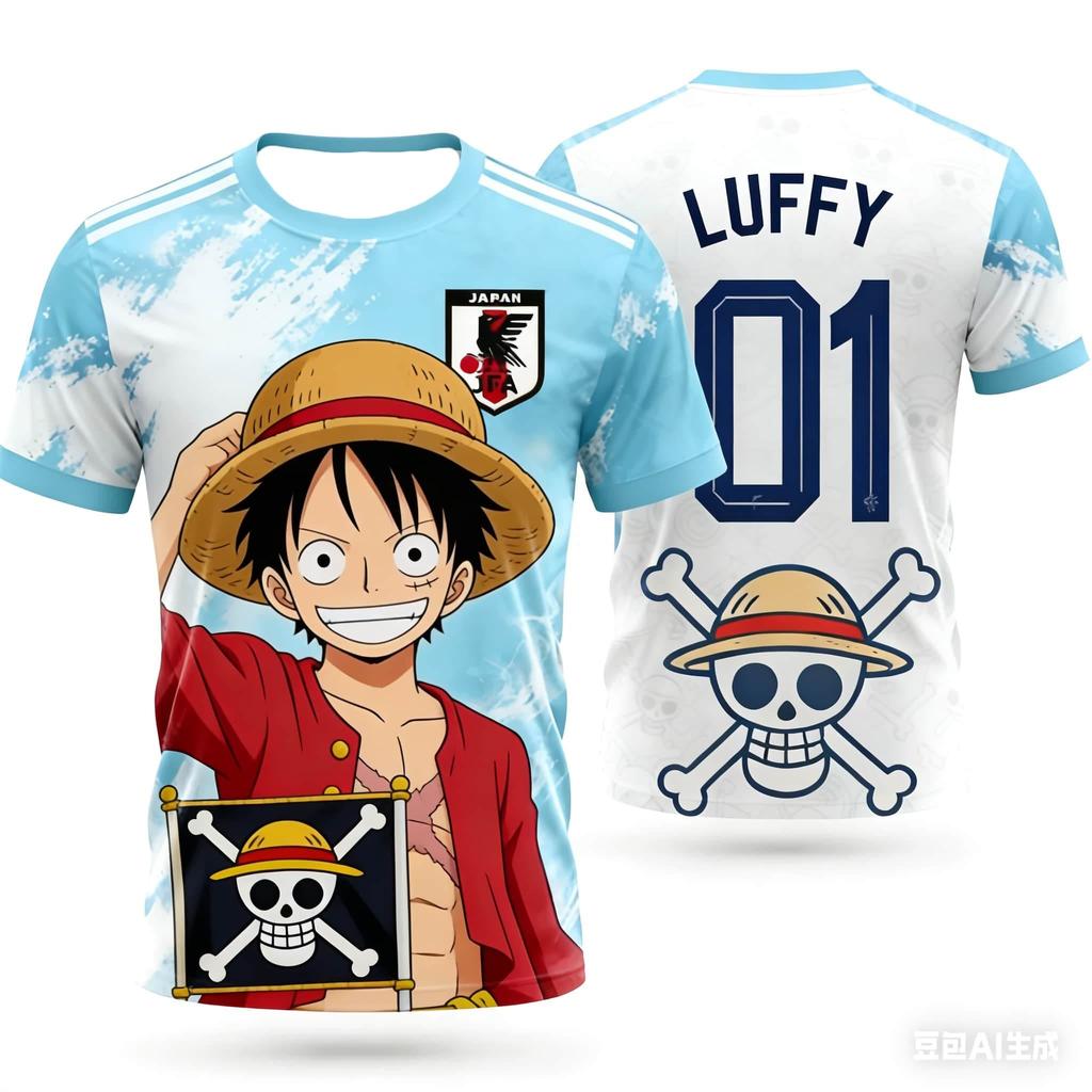 One Piece  Luffy  Japan National Football Jersey Unisex Kids Quick Dry Breathable Short Sleeve Tee Fashion Streetwear Sport Tops