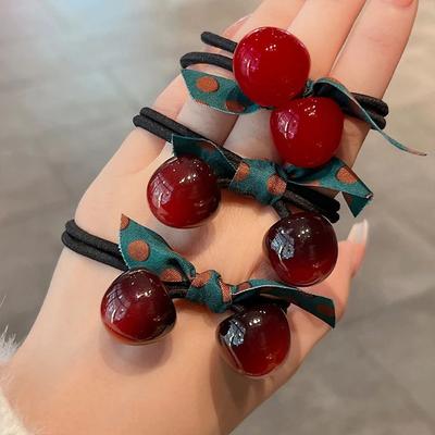 Neues 3-teiliges/Set Niedliches Süßkirschen-Schleifen-Scrunchies Einfache Hochelastische Gummibänder Damen Schöne Haarbänder Frauen Haaraccessoires