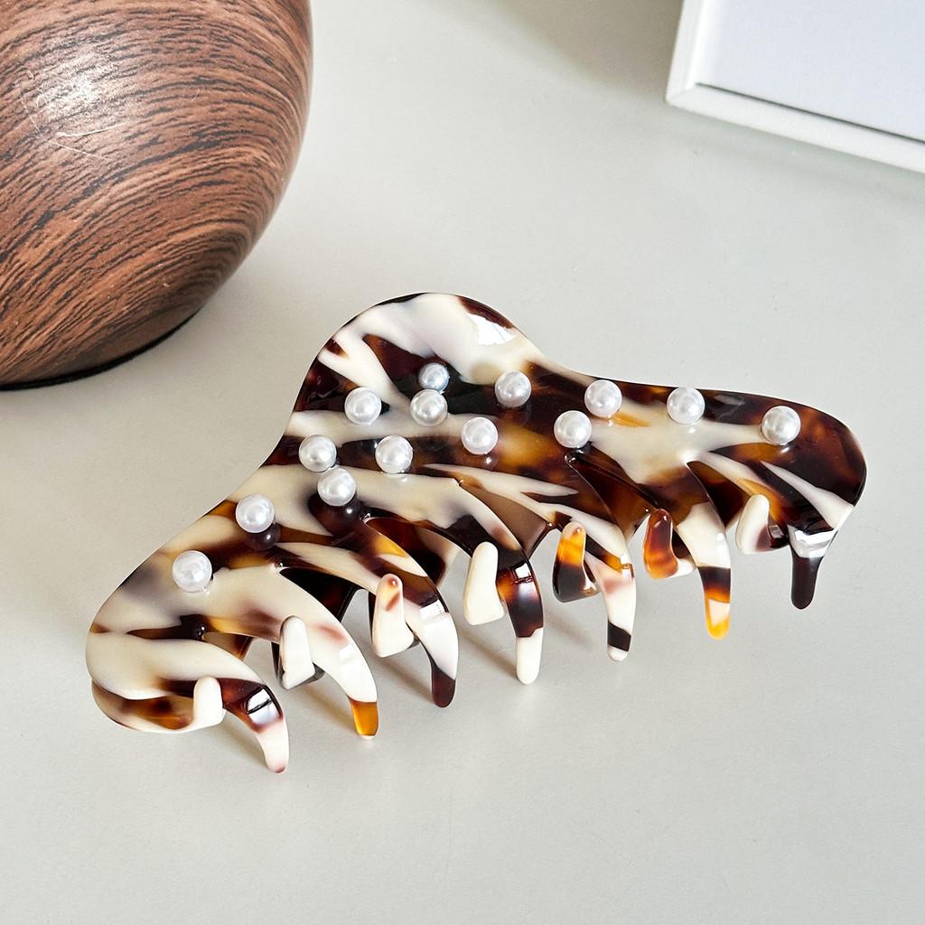Fashionable Large Acetate Hair Claw With Pearl Accents Versatile For Any Occasion