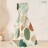 Women Plus Size Two Piece Set Sleeveless Round Neck Tie Waist Flared Dress 3 4 Sleeve Open Cardigan Green Geometric Printed