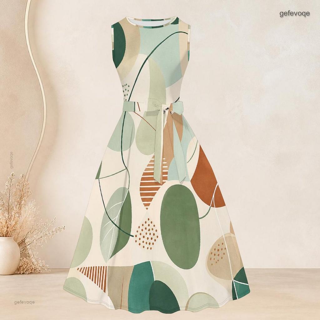 Women Plus Size Two Piece Set Sleeveless Round Neck Tie Waist Flared Dress 3 4 Sleeve Open Cardigan Green Geometric Printed
