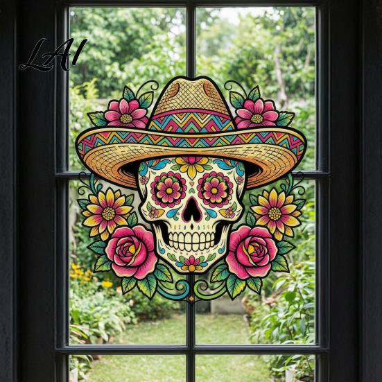Waterproof Outdoor Glass Decorations Flower Skull Wall Sticker Day of The Dead Decorative Stickers Decals PVC Removable for Windows Doors Easy Peel