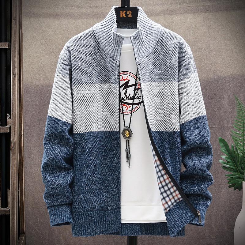 Herbst Winter Strickjacke Pullover Männer Fleece Zipper Pullover Samt Kontrast Gestreiften Pullover Mäntel Casual Jacken
