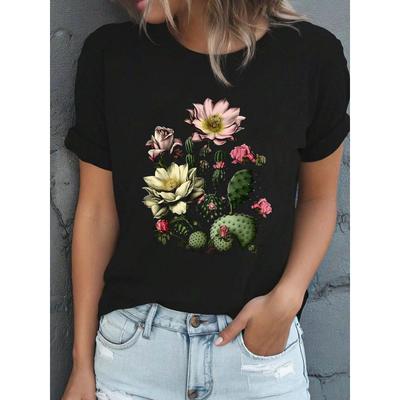 Women's Vintage Cactus Rose Botanical Print T-Shirt Retro Boho Short Sleeve Crew Neck Casual Summer Top