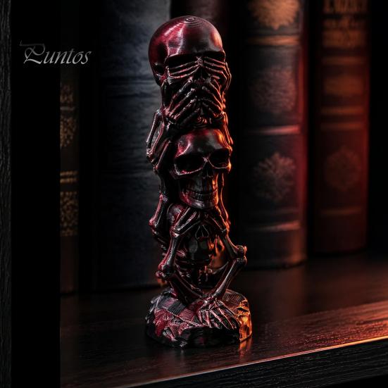 Office Desk Accessories 3D Printed Triple Skull Statue, Halloween Horror Hear No Evil See Modern Interior Ornaments Speak Figurine, Creative Decor for