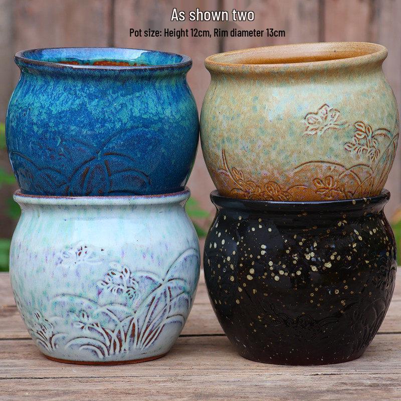 Handmade Embossed Rose Ceramic Succulent Pot, Tall Breathable Coarse Pottery, Large Mouth Plant Pot with Flower Design.