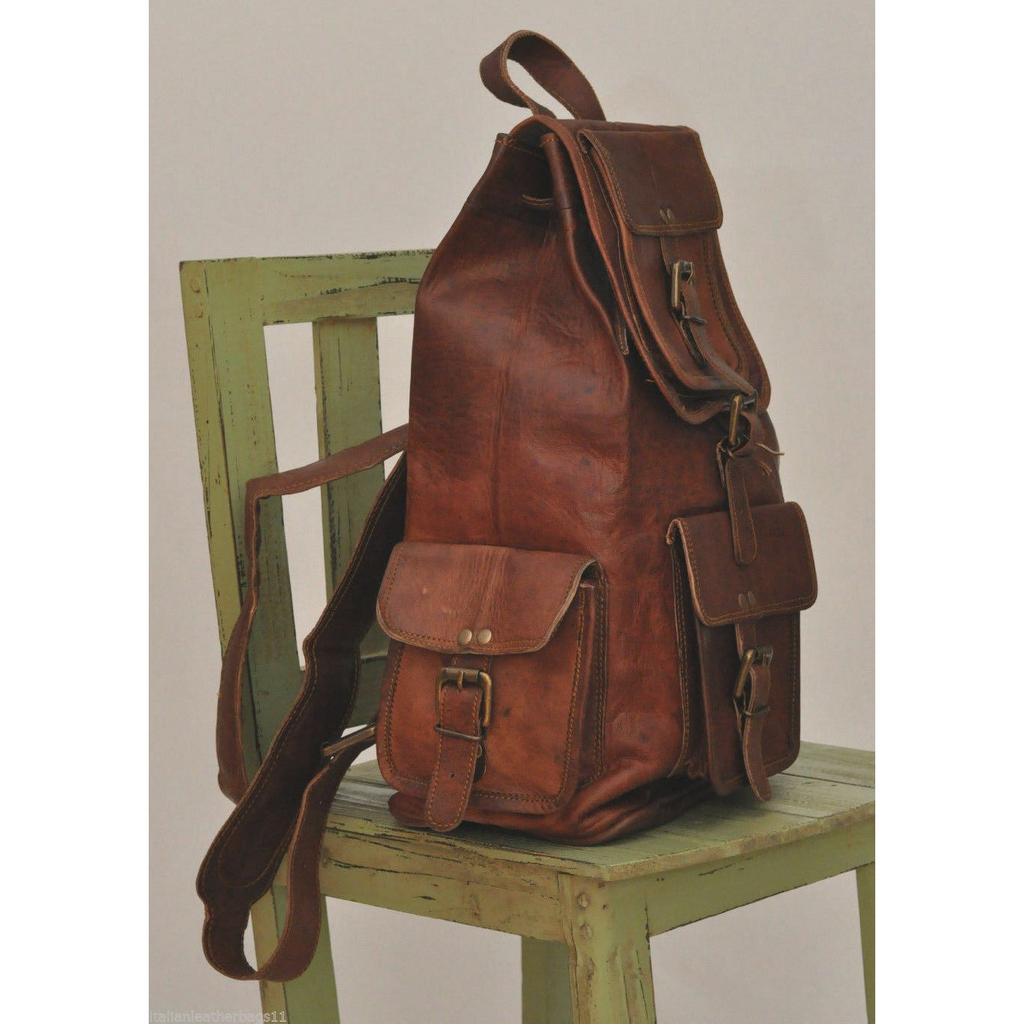 20” Vintage Backpack Leather Trim Casual Book Bag Men Women Laptop Travel BAG