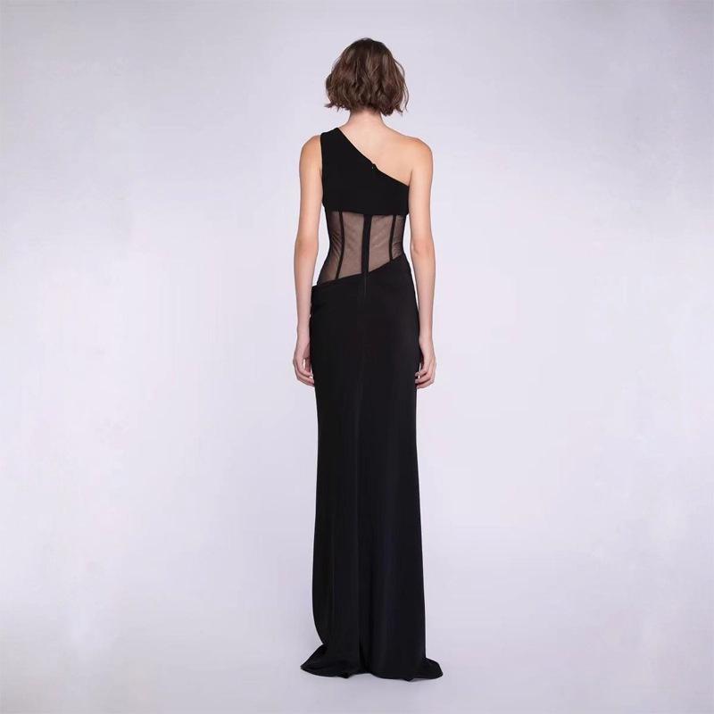 Elegant European One-Shoulder Party Evening Gown with High-End Mesh and Waist-Cinching Fishbone Design for Women
