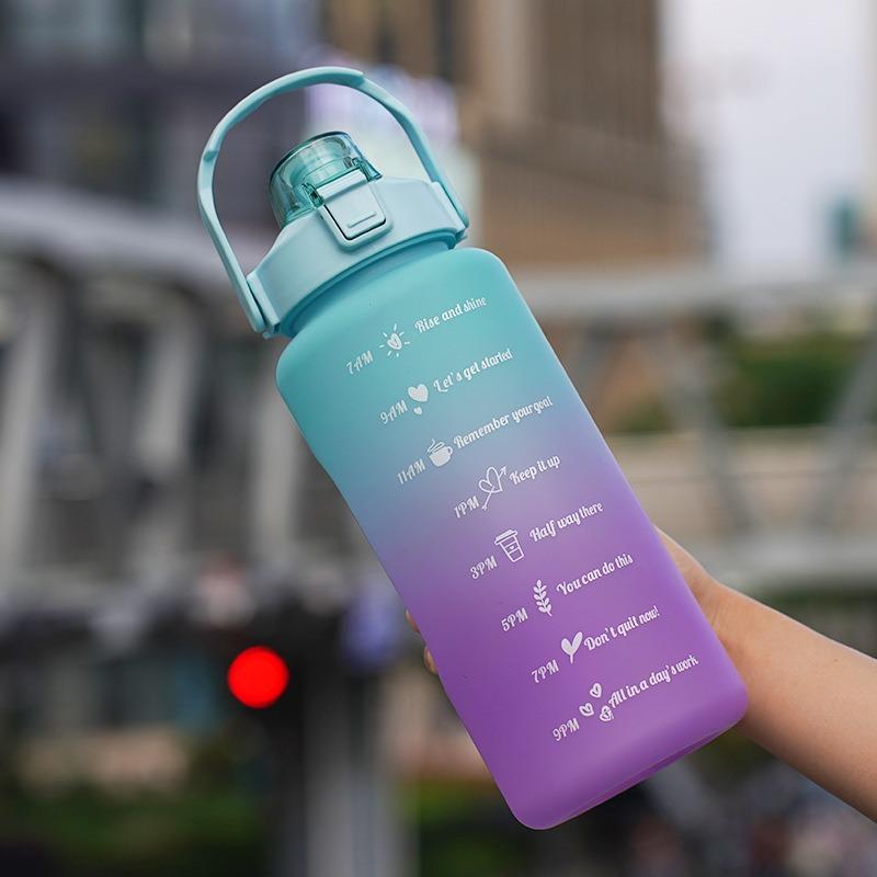 2L Outdoor Large Capacity Sport Water Bottle Creative Plastic Cup Bounce Cover Outdoor Leakproof Straw Cup with Time Marker