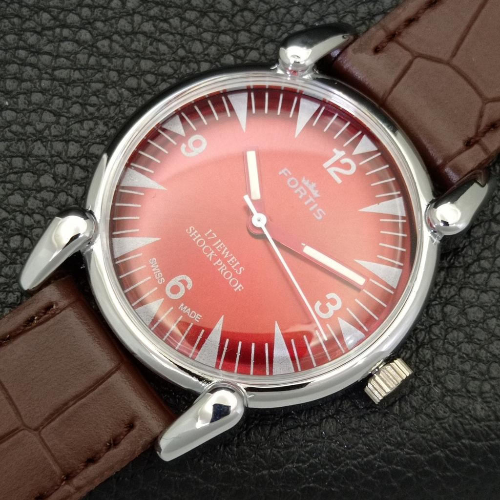 VINTAGE HAND-WINDING REFURBISHED SWISS MENS RED COLOR DIAL WATCH A700854-5 R205a-a700854